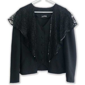 Joseph Ribkoff Black Blazer Jacket with Integrated Decorative Floral Lace Shawl